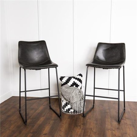 FINE-LINE Faux Leather Dining Kitchen Barstools; Black - Set of 2 FI590079